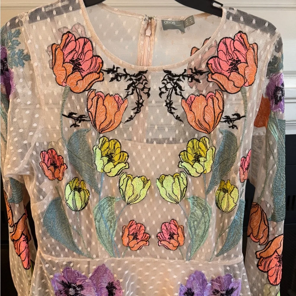 ASOS Sheer Long Sleeve Dress with Floral Embroidery - Picture 7 of 9